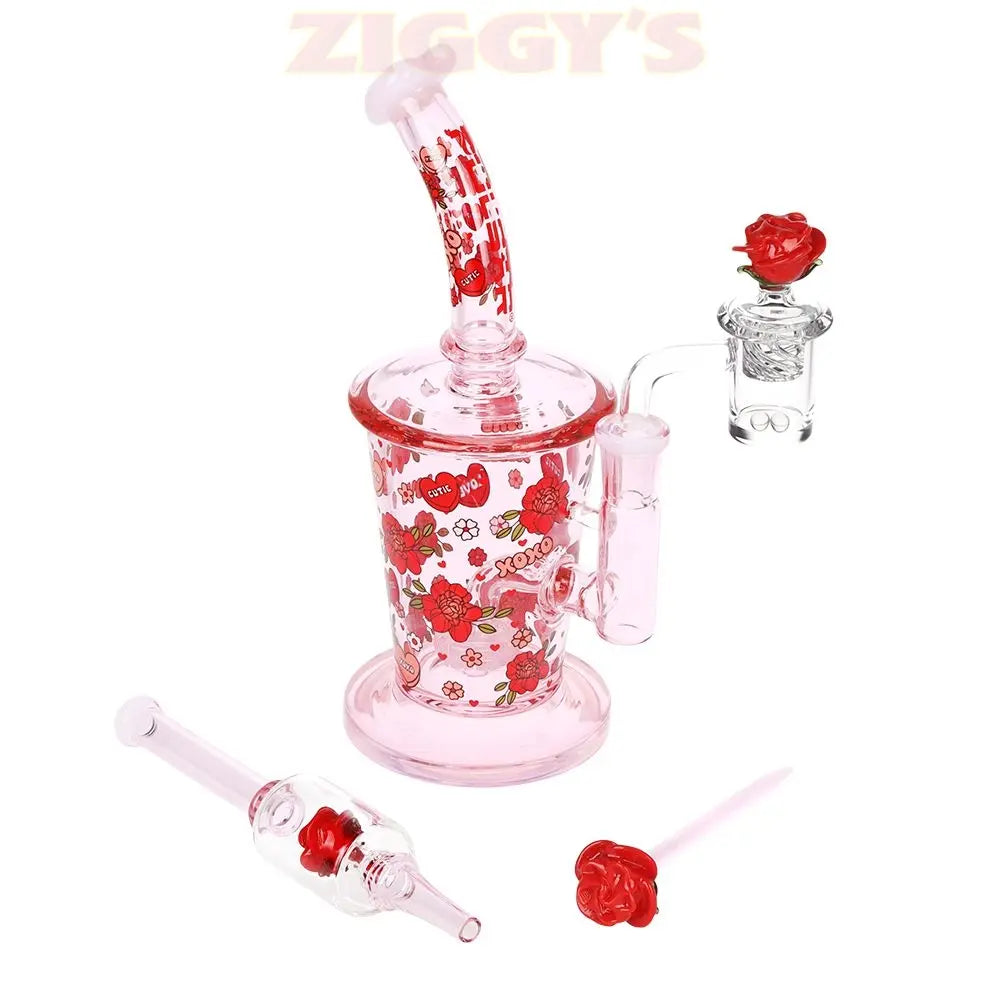 Pulsar Valentine's Rose Glass Dab Rig Set - 8.25" / 14mm F Smoke Drop