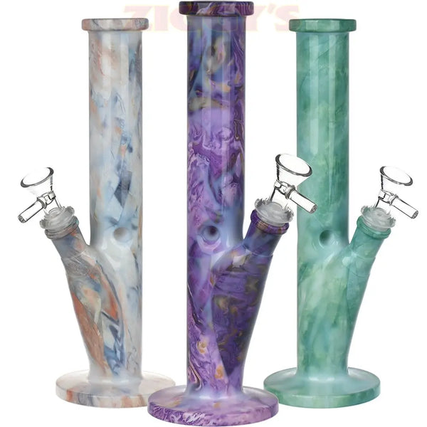 Marbled Straight Tube Glass Water Pipe - 10.75" / 14mm F / Colors Vary