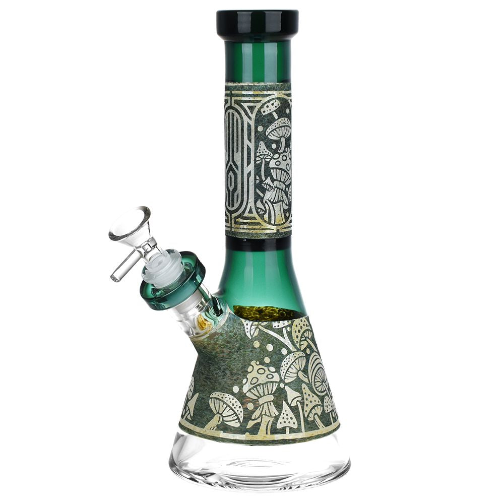 Mushroom Melange Etched Beaker Glass Water Pipe - 9" / 14mm F
