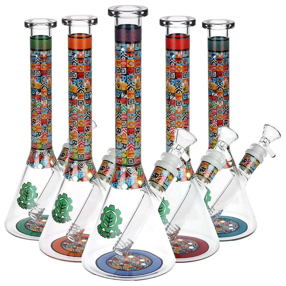 SeshGear Icon Blocks Pattern Beaker Glass Water Pipe - 10" / 14mm F / Colors Vary Smoke Drop
