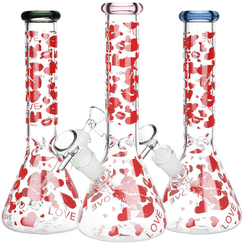 Pulsar Hearts and Kisses Glass Beaker Water Pipe - 9.75" / 14mm F / Colors Vary | Ziggy's Miami