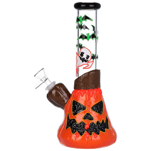 Bats 'n' Ghouls Jack-O-Lantern Glow in Dark Glass Water Pipe - 10" / 14mm F | Ziggy's Miami