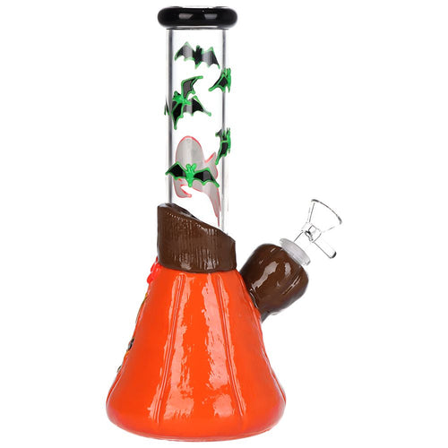Bats 'n' Ghouls Jack-O-Lantern Glow in Dark Glass Water Pipe - 10" / 14mm F — view 2 | Ziggy's Miami