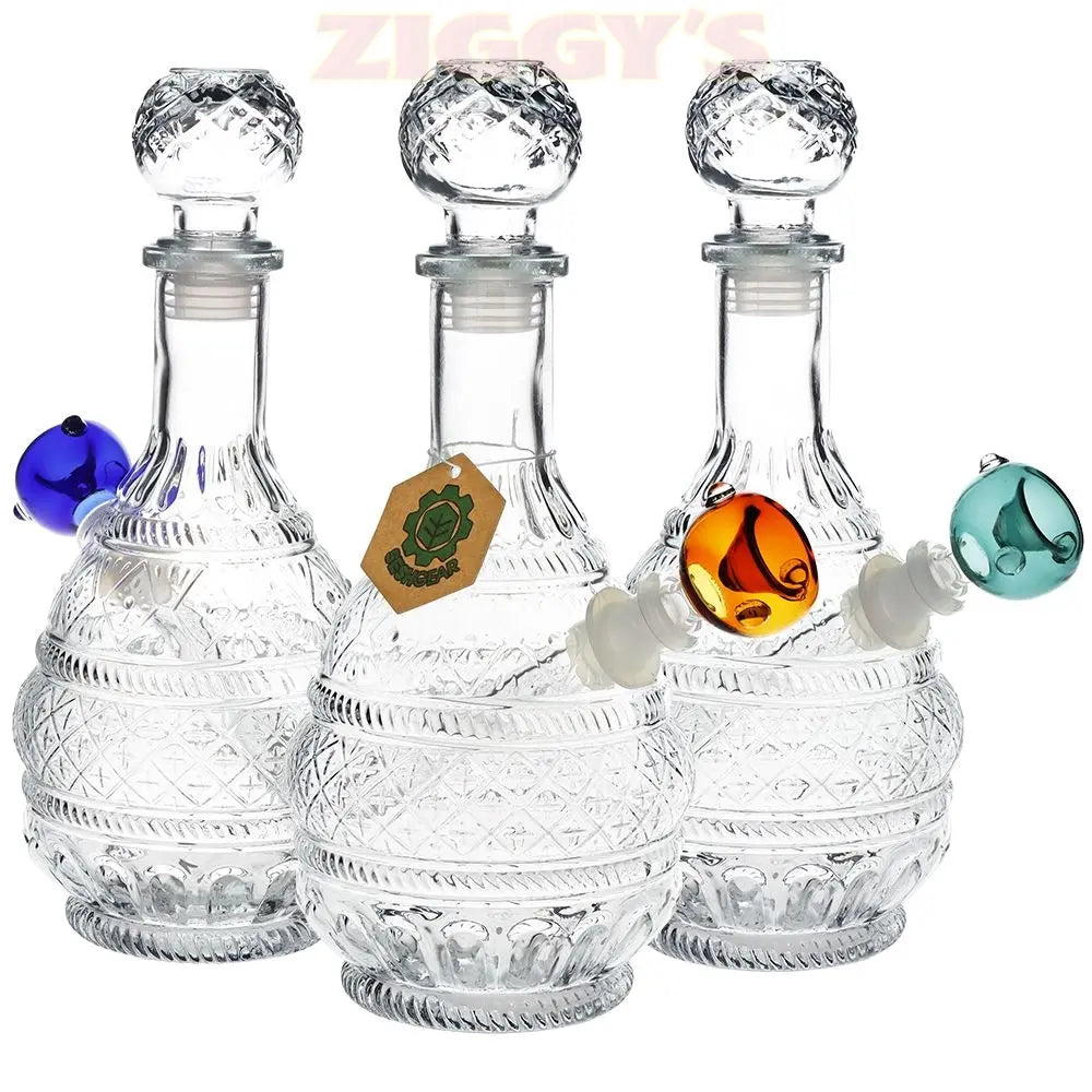 SeshGear Vintage Decanter Style Glass Water Pipe - 10.5"  / 14mm F / Round Lotus / Colors Vary Smoke Drop