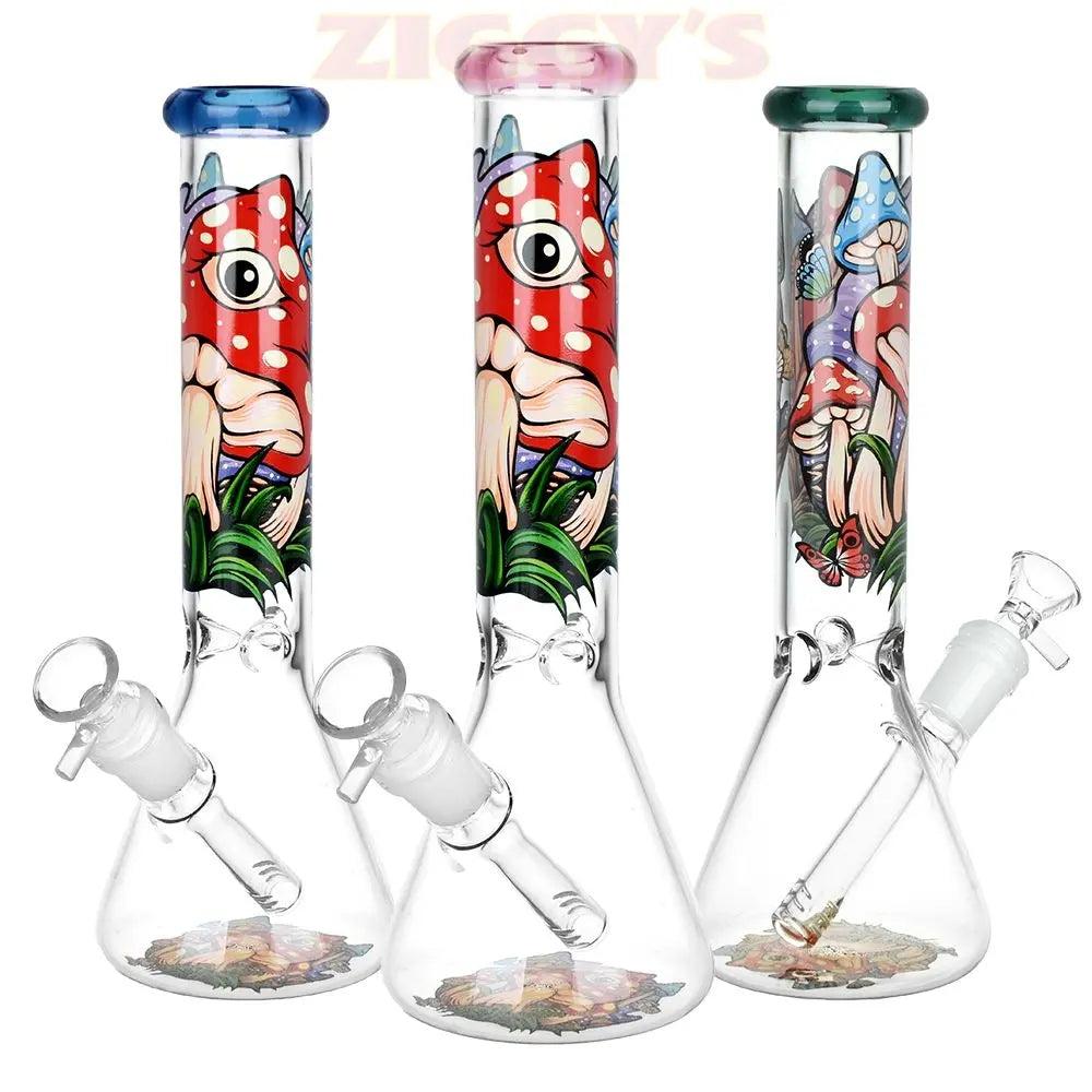 Eye Of The Shroom Beaker Glass Water Pipe - 10" / 14mm F / Colors Vary Smoke Drop