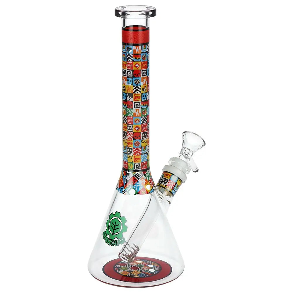 SeshGear Icon Blocks Pattern Beaker Glass Water Pipe - 10" / 14mm F / Colors Vary Smoke Drop