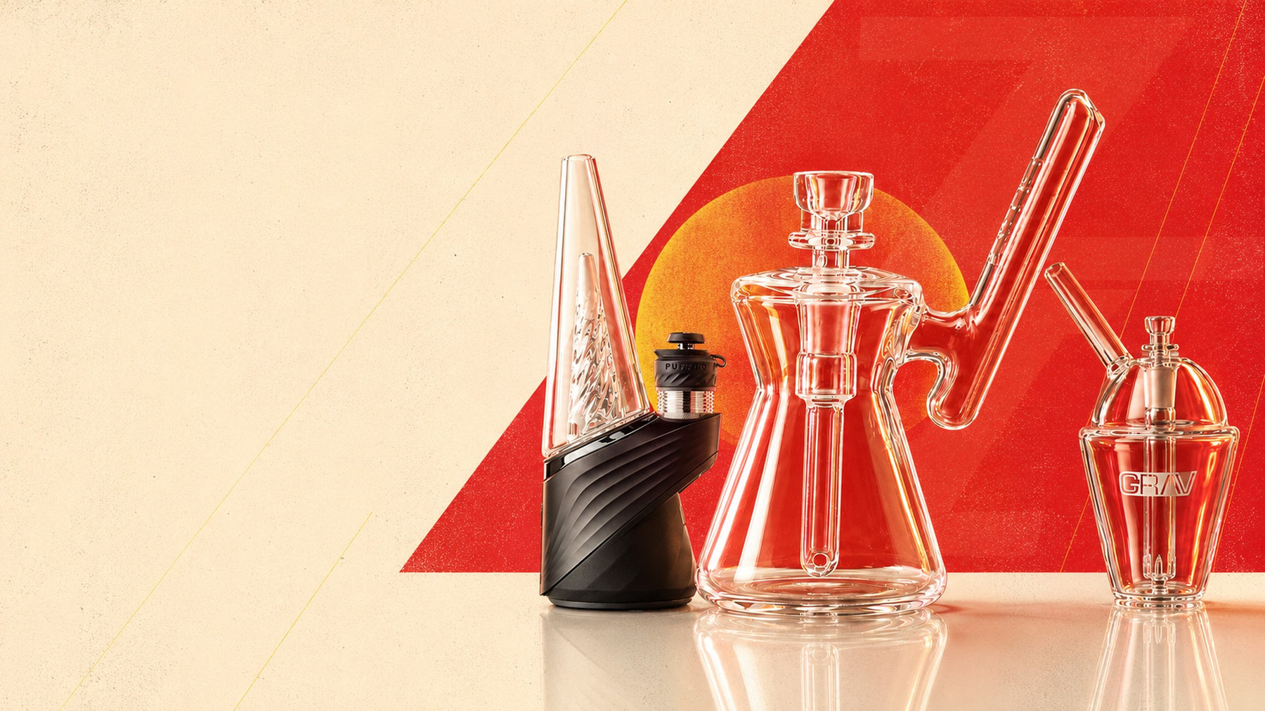 Puffco Peak Pro vaporizer, glass recycler dab rig and GRAV bubbler on a Ziggy's Miami red and cream backdrop